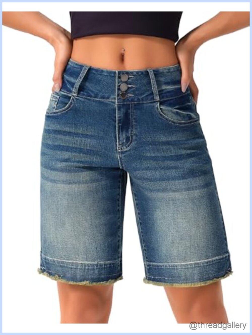 Stretchy Wide Leg High Waisted Frayed Hem Long Jean Shorts